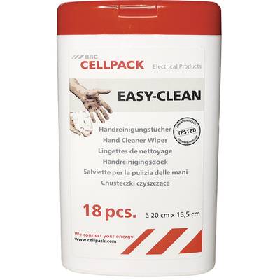 Boîte de lingettes de nettoyage pour les mains 'EASY-CLEAN'. Contient 18 lingettes, taille 20 cm x 15,5 cm. Marque : BBC Cellpack.