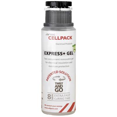 Bouteille portant l'étiquette 'EXPRESS+ GEL', marque BBC Cellpack. Gel bicomposant pour isolation électrique, durcissement rapide.