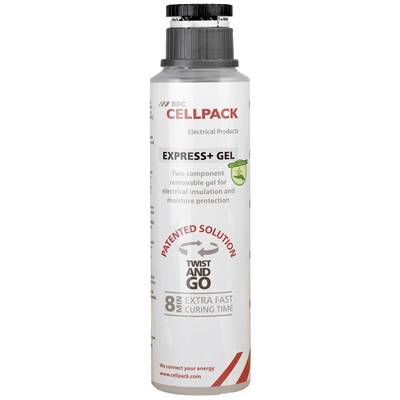 Bouteille avec l'inscription 'Cellpack Express+ Gel', pour isolation électrique et protection contre l'humidité, durcissement rapide en 8 min.