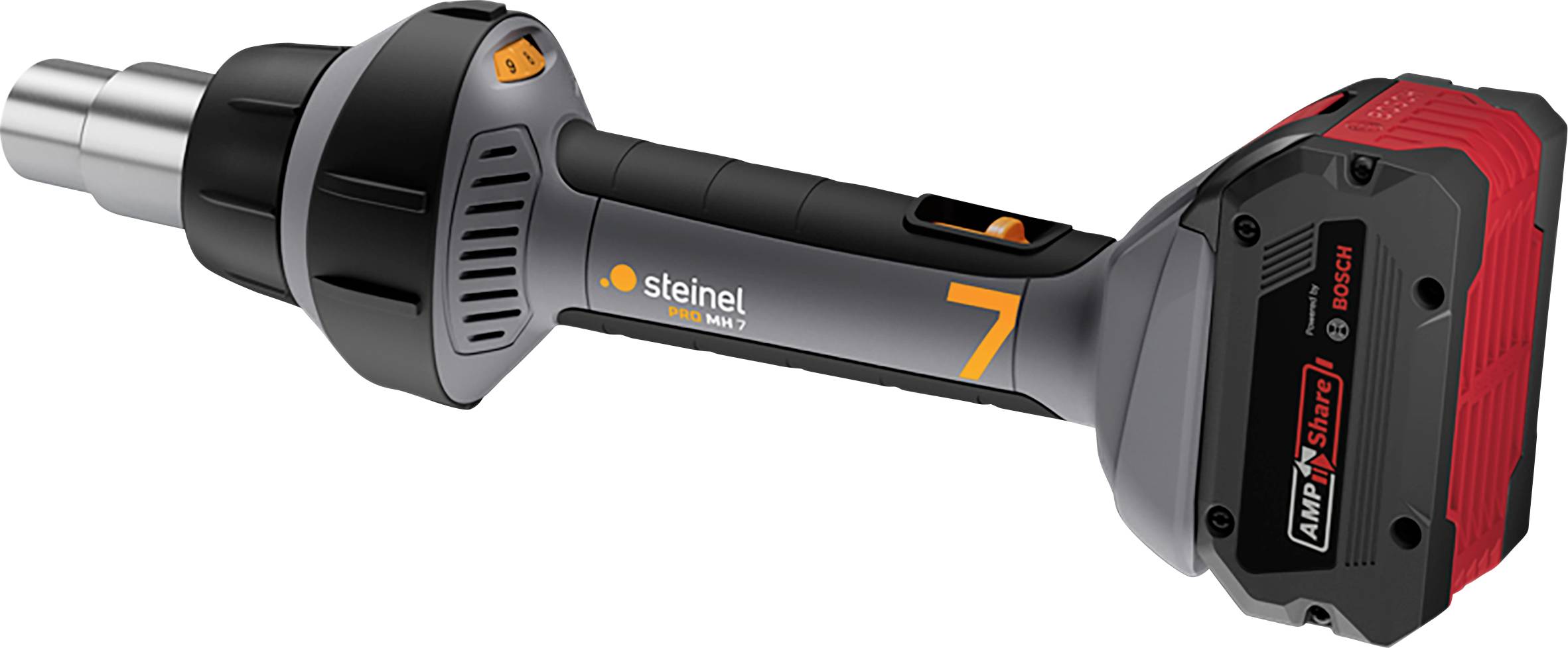 Batterie de perceuse sans fil avec un pistolet thermique Steinel noir et gris, montré en vue latérale sur fond blanc.