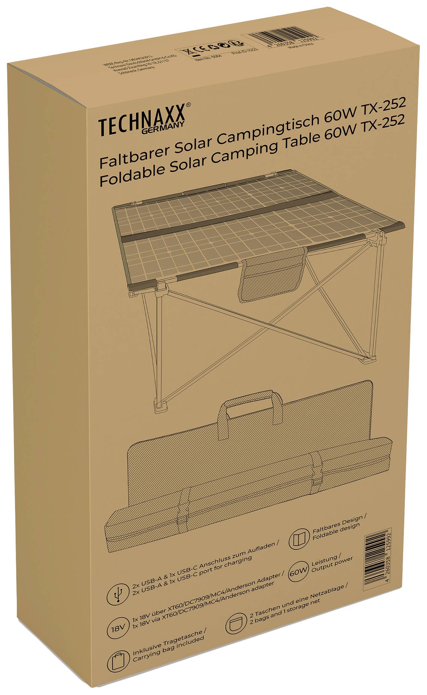 L'emballage présente une table de camping solaire pliable de la marque TECHNAXX de 60W. La table est portable et conçue pour des activités de plein air.
