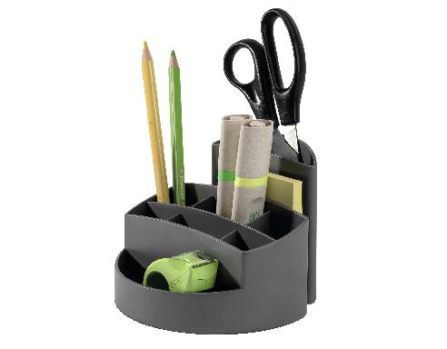 Un organisateur de bureau gris avec des stylos, des ciseaux, du ruban adhésif, des agrafes et des notes autocollantes. Idéal pour l'organisation du bureau.