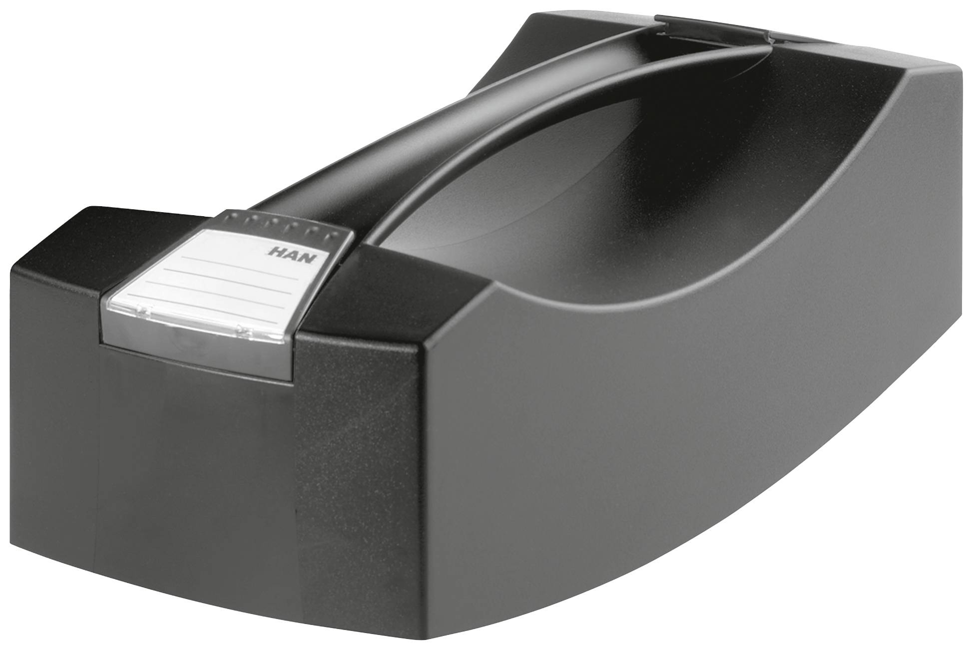 Ouvre-lettres noir avec poignée ergonomique et plaque nominative personnalisable sur l'avant. Idéal pour les applications de bureau.