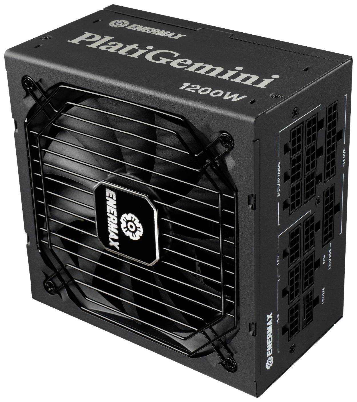 Un bloc d'alimentation noir de la marque Enermax PlatiGemini d'une puissance de 1200W. Des ventilateurs et différentes options de connexion sont visibles.