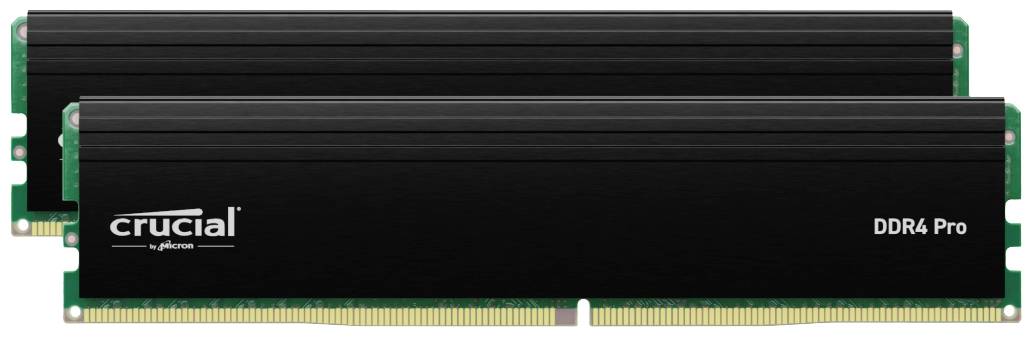 Deux modules de RAM DDR4 Pro de Crucial, disposés côte à côte, avec un dissipateur thermique noir et des barrettes de connexion dorées.
