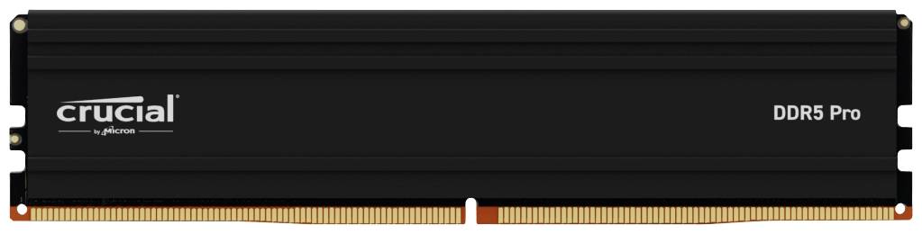 Un module de mémoire RAM DDR5 noir de la marque Crucial avec dissipateur thermique.