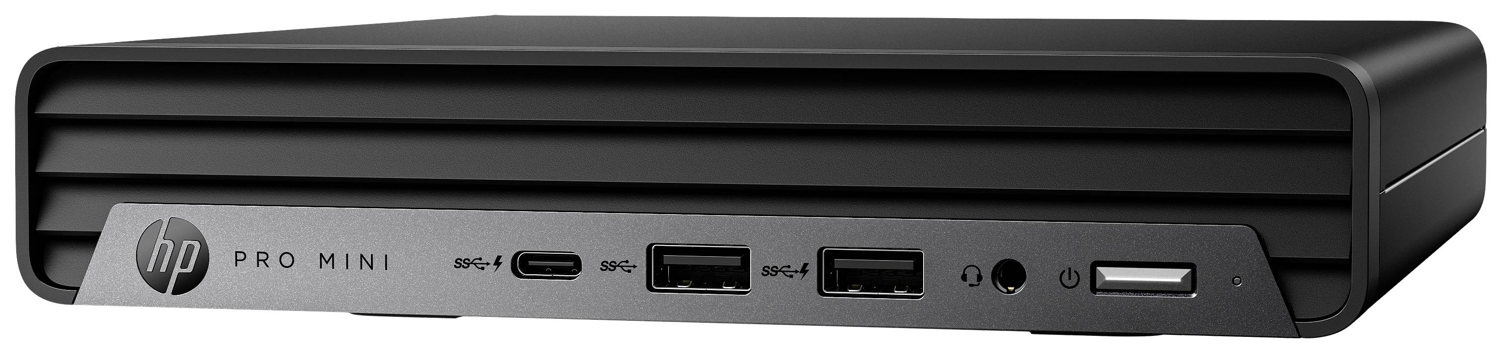 Un mini ordinateur de bureau compact noir HP Pro avec différents ports sur la façade, notamment des ports USB et audio.