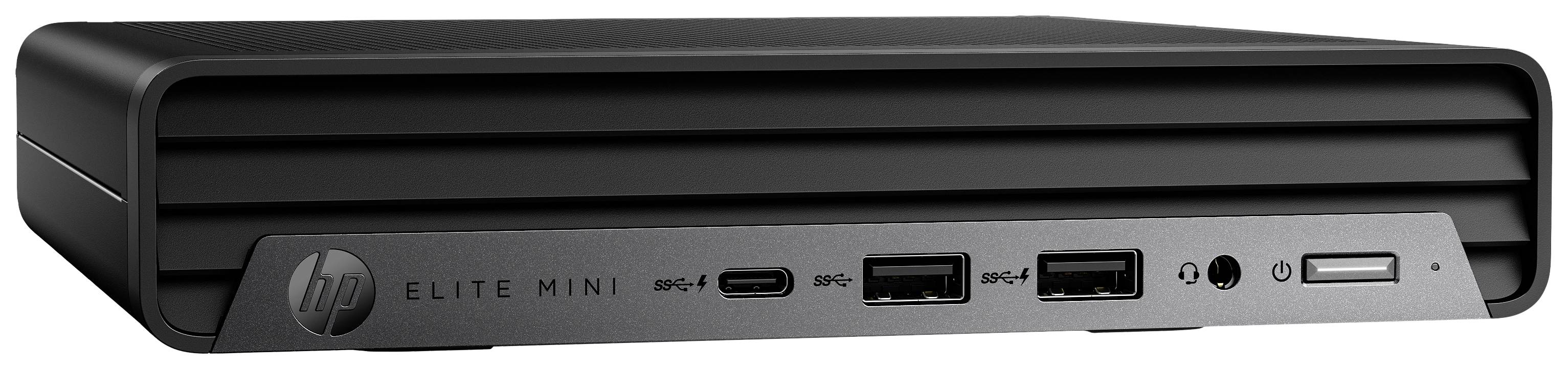 Un mini-PC noir avec plusieurs options de connexion à l'avant, comprenant des ports USB et une prise audio.