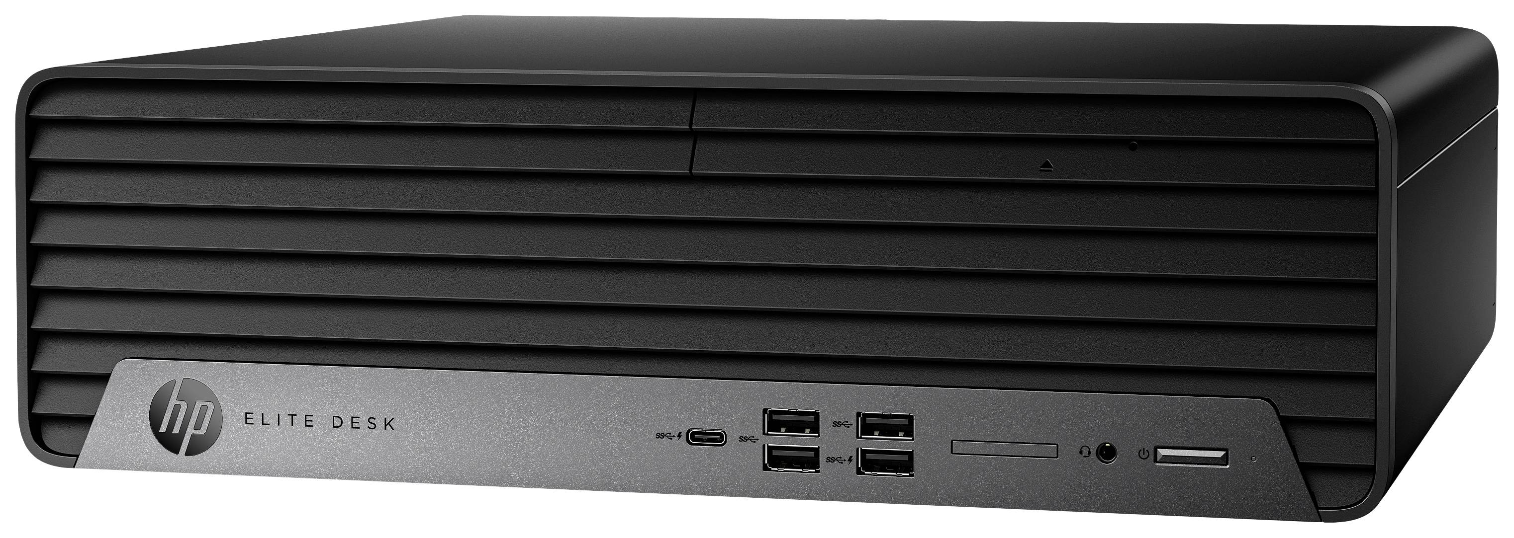 Un ordinateur de bureau HP EliteDesk noir avec plusieurs ports USB et un design compact. Idéal pour des applications de bureau.
