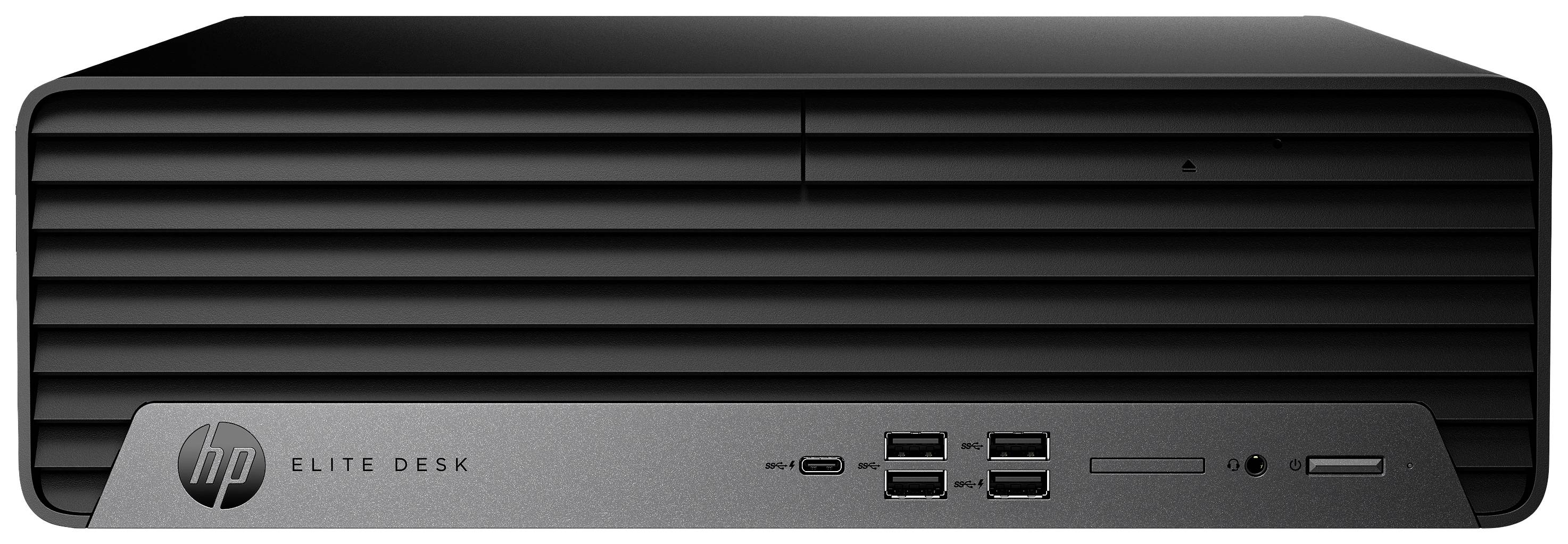 Un ordinateur de bureau HP Elite de couleur noire, doté de plusieurs ports USB et connecteurs audio à l'avant.