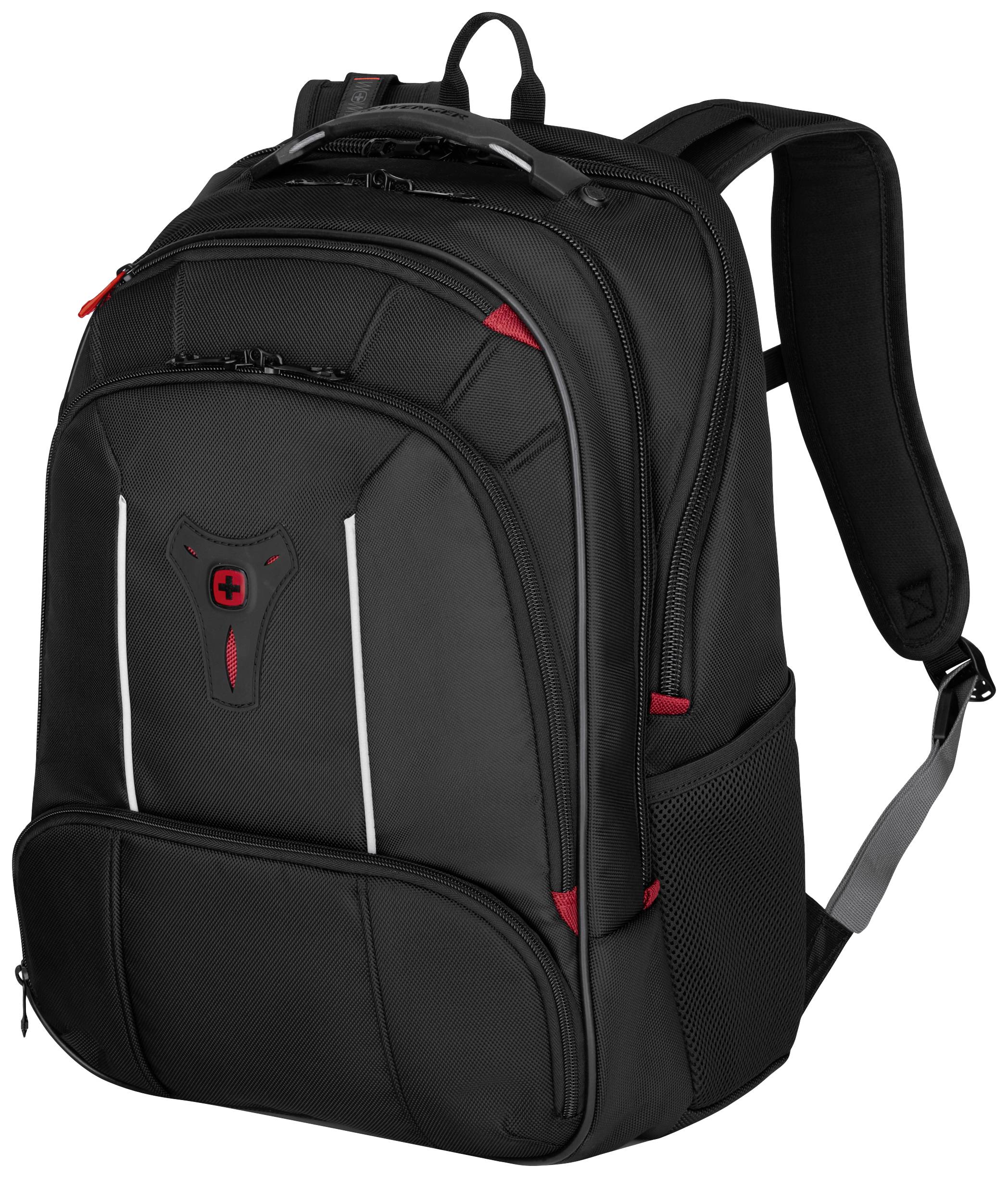 Sac à dos noir avec des accents rouges et plusieurs poches à fermeture éclair, adapté pour un usage scolaire ou professionnel.