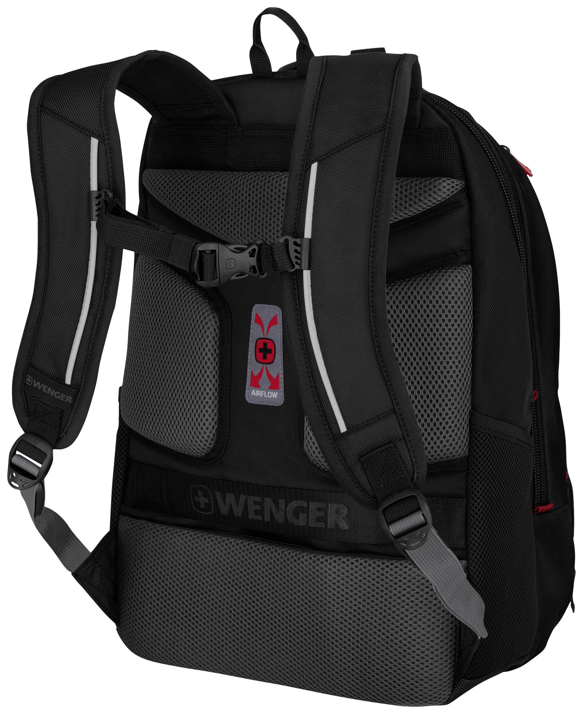 Sac à dos noir avec logo de marque sur le rembourrage dorsal. Sangles d'épaules ajustables et rembourrage en maille pour le confort.