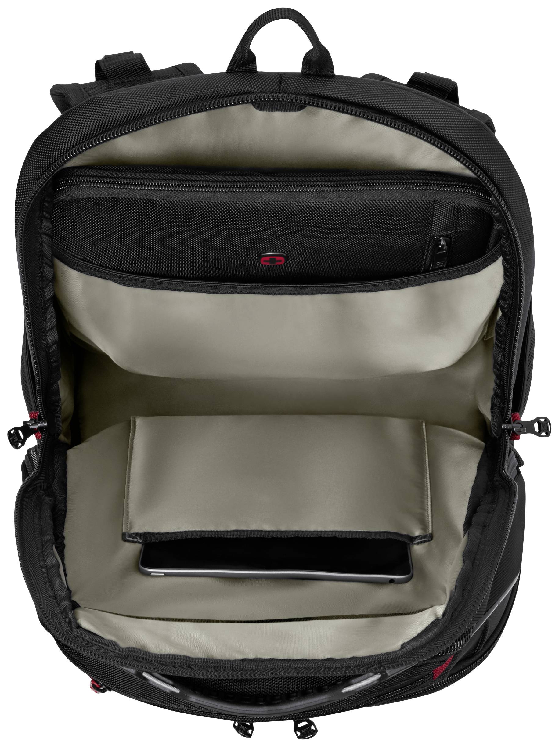Sac à dos noir ouvert montrant un compartiment pour ordinateur portable, un compartiment pour tablette et plusieurs poches de rangement à l'intérieur.