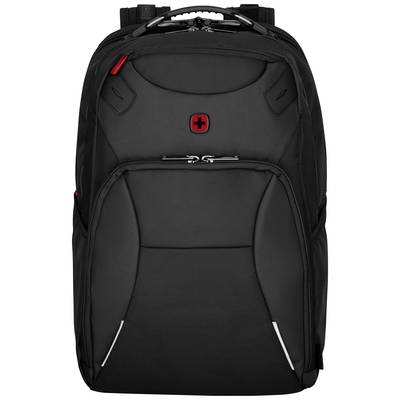 Un sac à dos noir avec des accents rouges, vu de face. Un petit logo croix rouge est situé en haut.