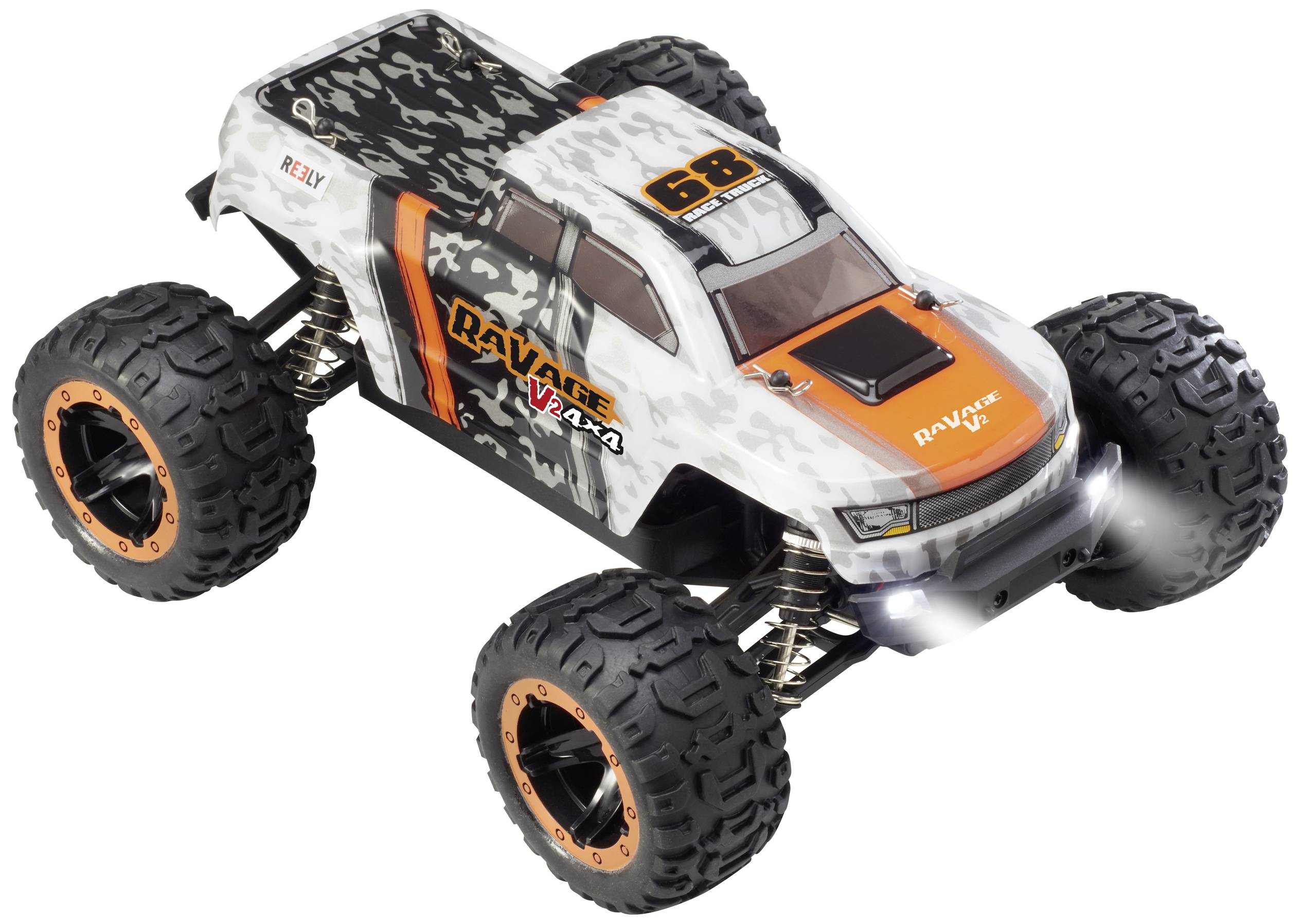 Voiture jouet au design camouflage avec de grandes roues tout-terrain, marquée 'Ravage V2.4' sur le côté.