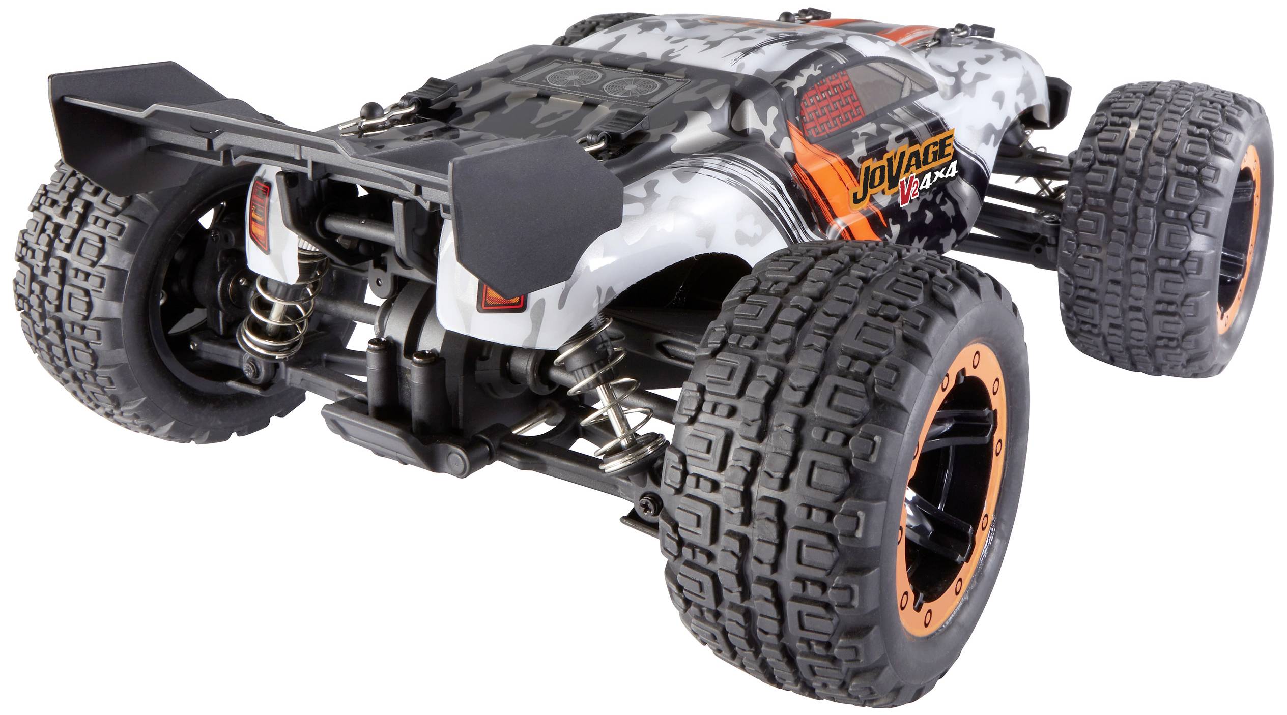Une voiture télécommandée avec de grandes roues, une suspension robuste et un design gris et orange sur un fond clair.