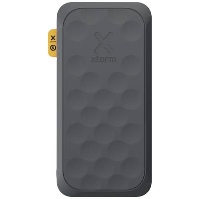 Une batterie externe portable noire avec un logo X et une surface ondulée, avec des boutons orange sur le côté gauche pour le contrôle.