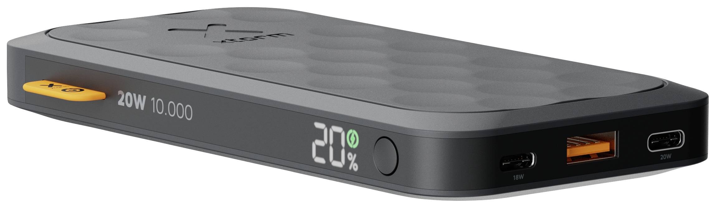 Batterie externe de forme rectangulaire avec l'inscription '20W 10 000', affichant 20% de charge. Elle possède un port USB et un port USB-C.