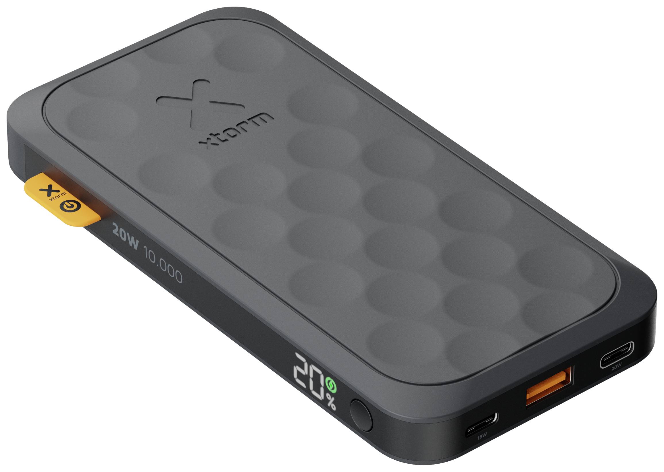 Powerbank compacte noire de 10 000 mAh, charge rapide 20W, avec ports USB-C et USB, et affichage numérique du pourcentage de batterie.