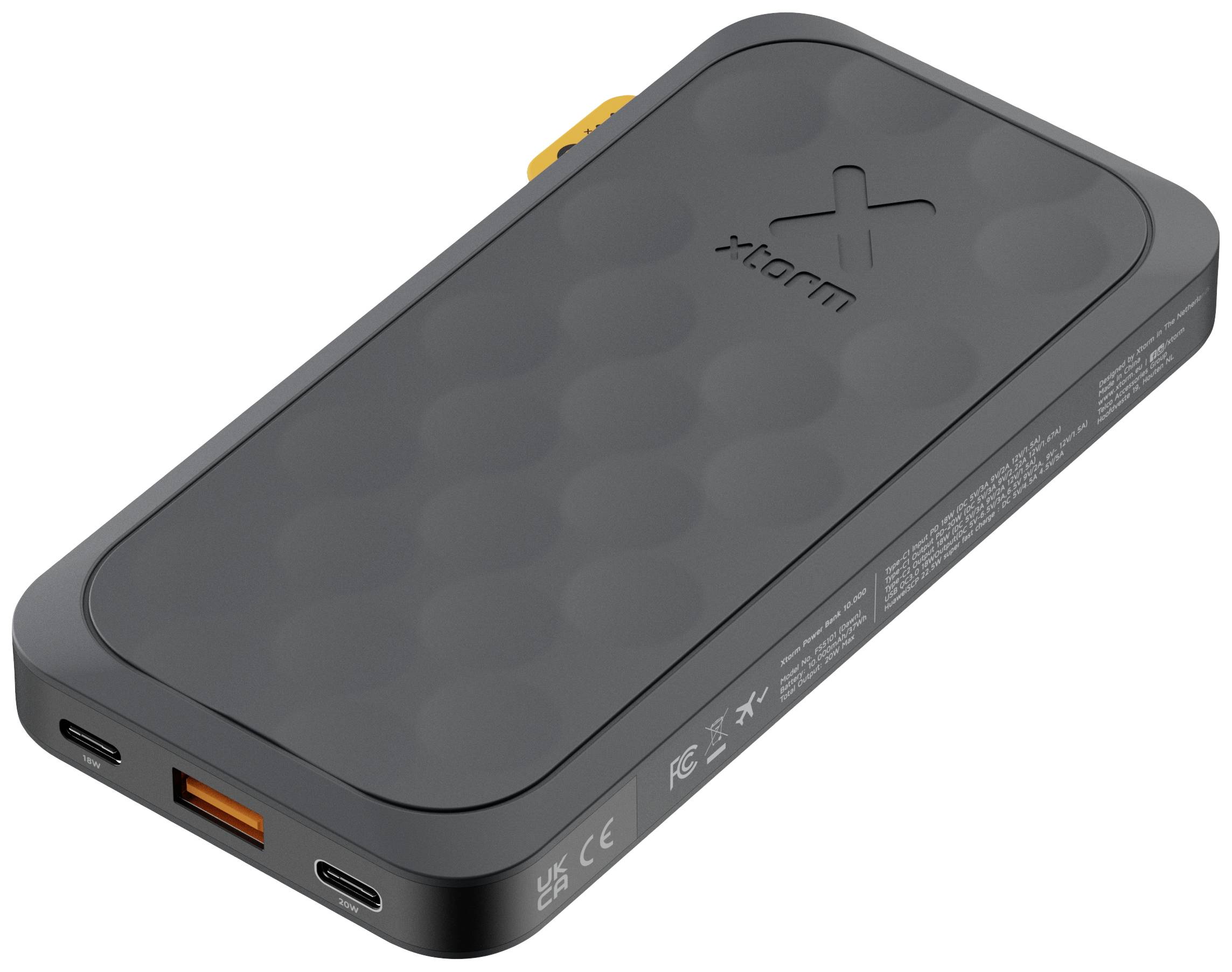 Une batterie externe noire avec deux ports USB-C et un port USB-A, adaptée pour charger des appareils mobiles.