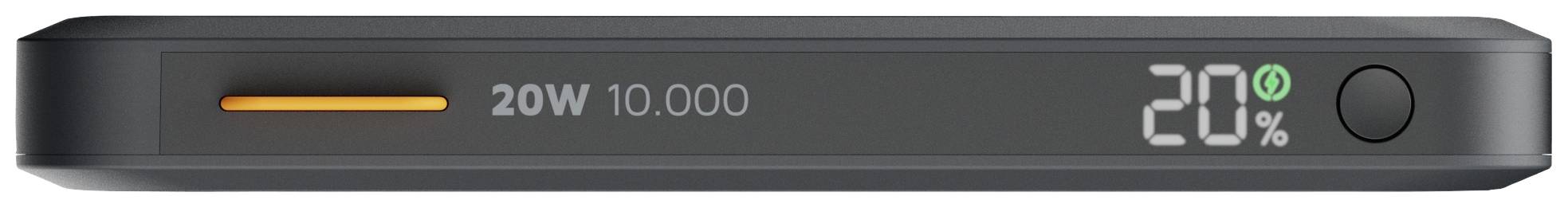 Batterie externe noire avec voyant LED, affichant '20W 10.000' et une charge restante de '20%'.