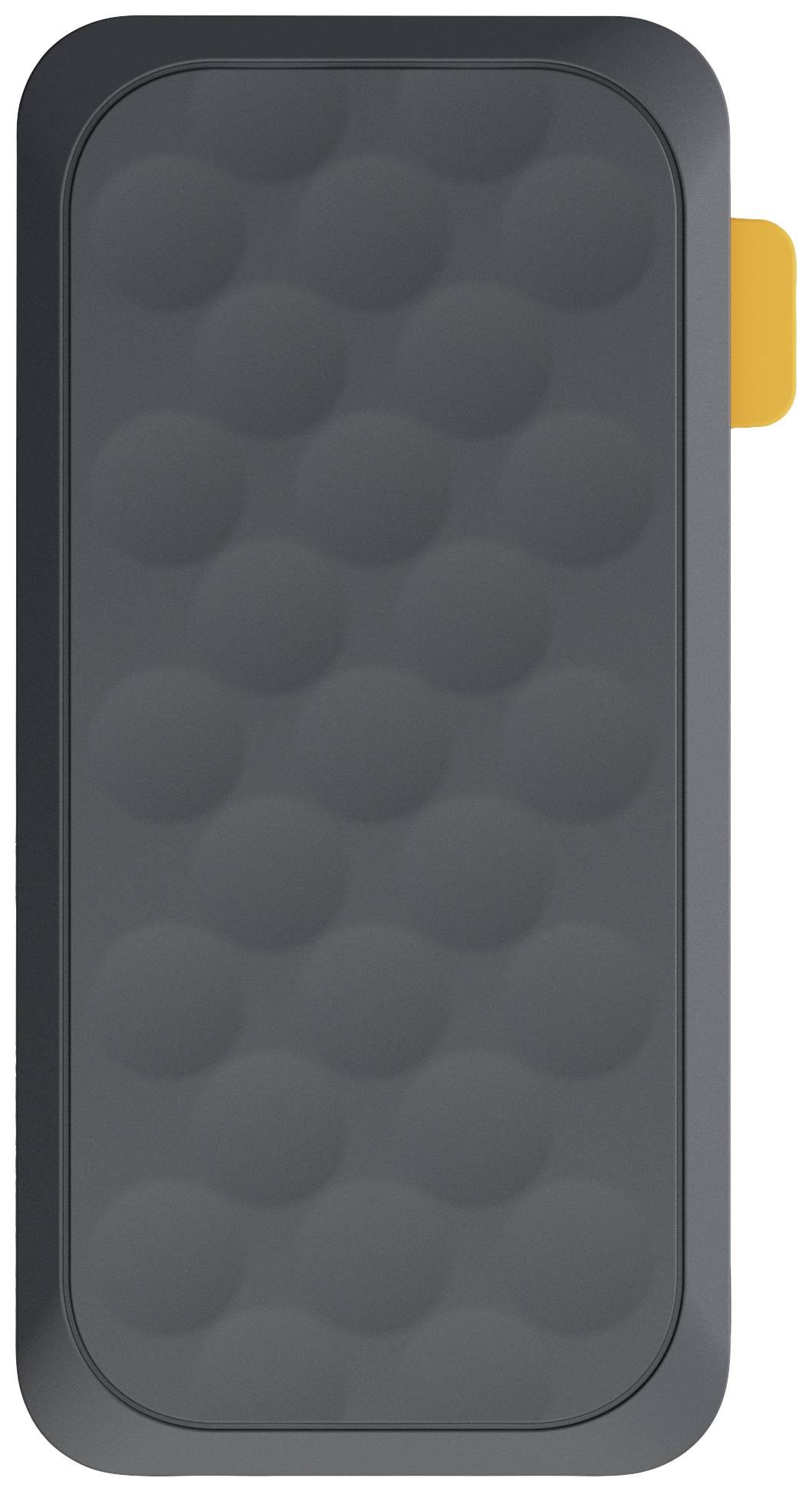 Un appareil rectangulaire sombre avec une surface arrondie et texturée, et une languette orange sur le côté, probablement un accessoire électronique.