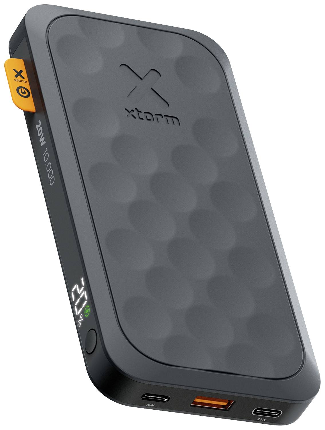 Batterie externe noire avec motif pointillé gravé, logo 'xtorm', indicateur de charge et plusieurs ports de connexion sur le côté.