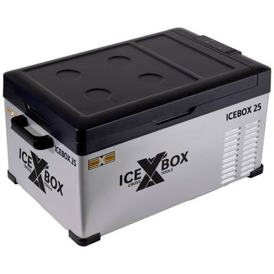 Glacière avec couvercle noir et corps gris, marquée 'ICEBOX 25'. Utilisée pour refroidir des aliments et des boissons.