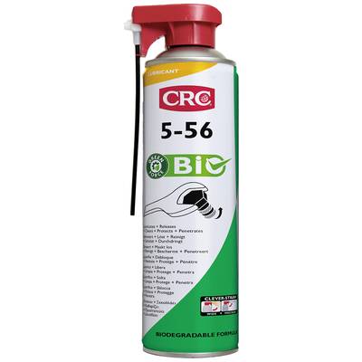 Une bombe de lubrifiant portant l'inscription 'CRC 5-56 Bio'. Elle a un capuchon de pulvérisation rouge. Le texte sur la bombe indique sa biodégradabilité.