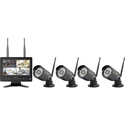 Un système de surveillance doté d'un moniteur affiche des images en direct de quatre caméras de sécurité. Les caméras sont alignées à côté.