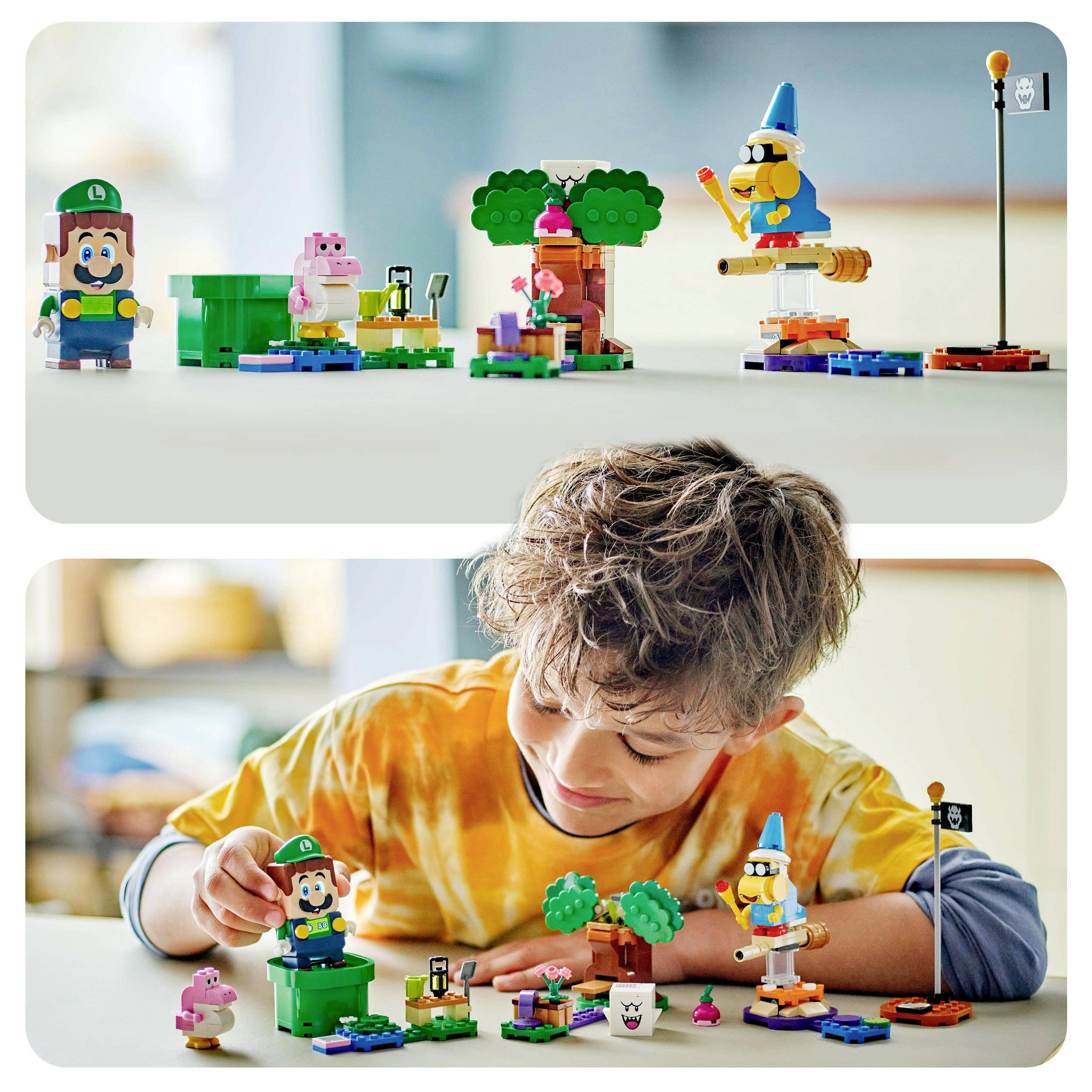 Un garçon joue avec des ensembles LEGO de Mario et d'autres personnages sur une table. En haut, un gros plan des figurines LEGO.