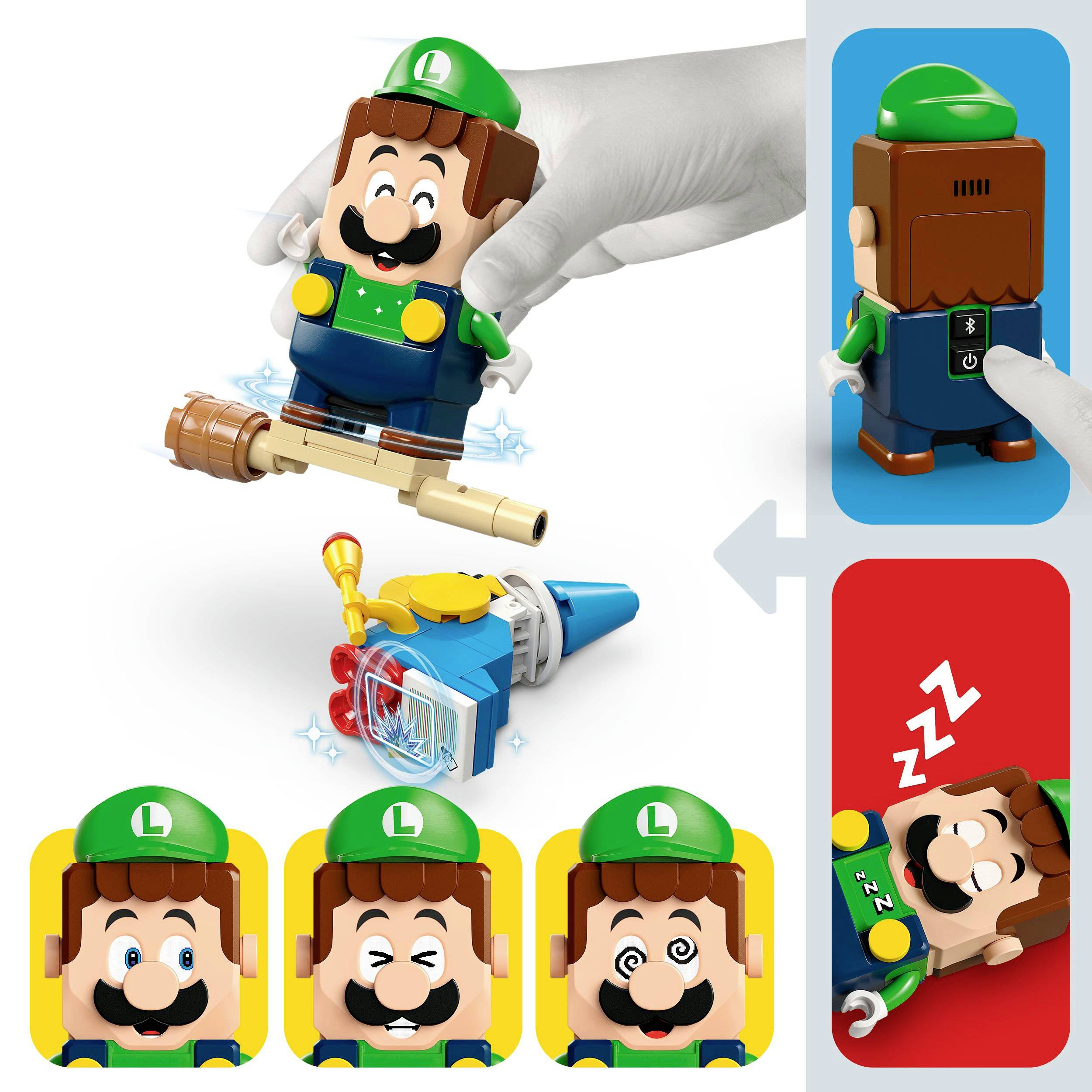 Figurine Lego d'un personnage de jeu vidéo portant une casquette verte et une salopette. Présente différentes expressions faciales et une fonction de Power-Up.