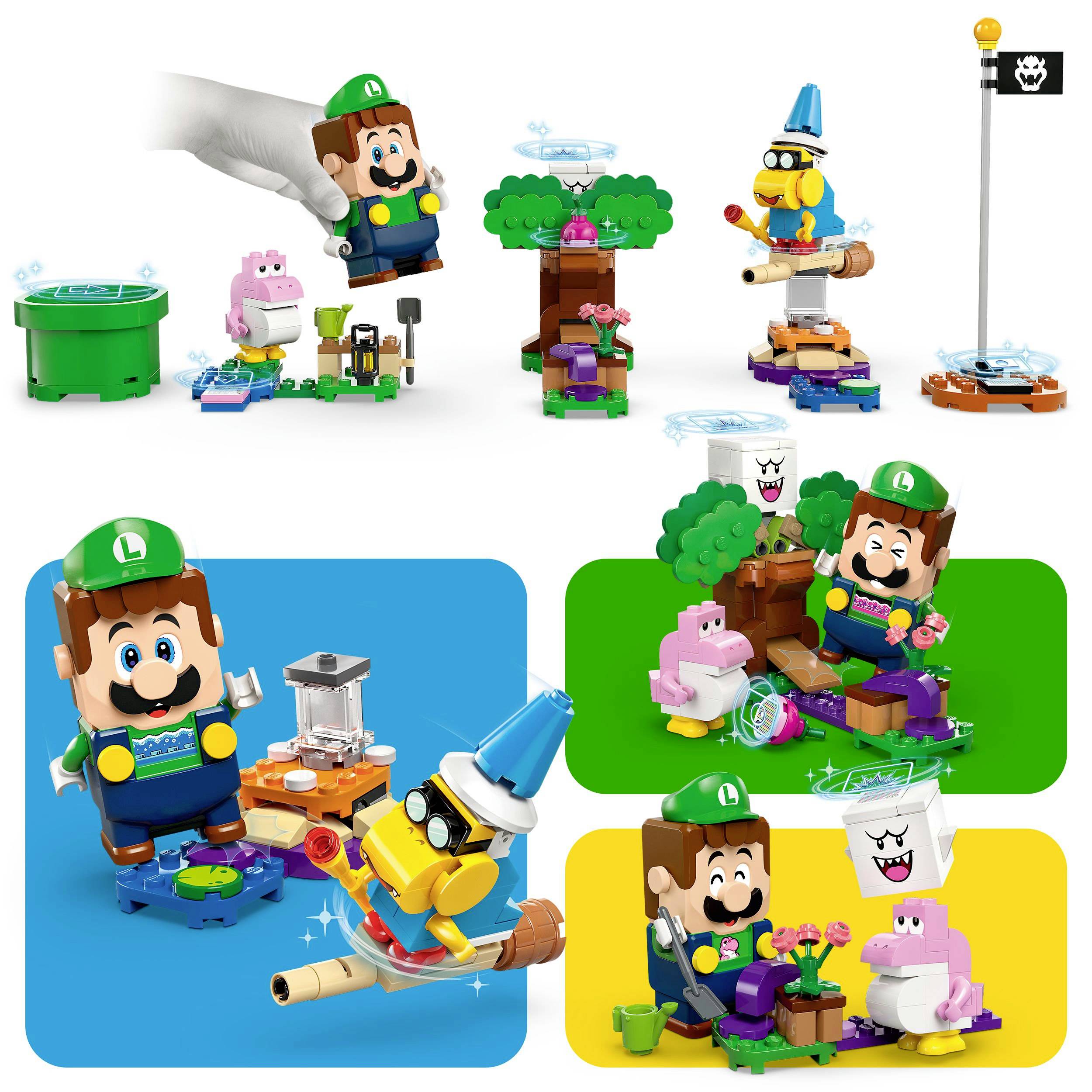 Des figurines et des scènes d'un jeu vidéo sont représentées dans ce jouet de construction Lego, comprenant un héros, un ennemi et divers éléments tels qu'un arbre et un drapeau.