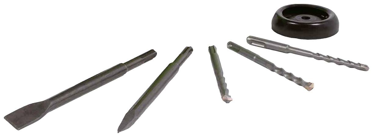 Six foreurs et burins de formes différentes, représentés avec un support noir sur une surface blanche.