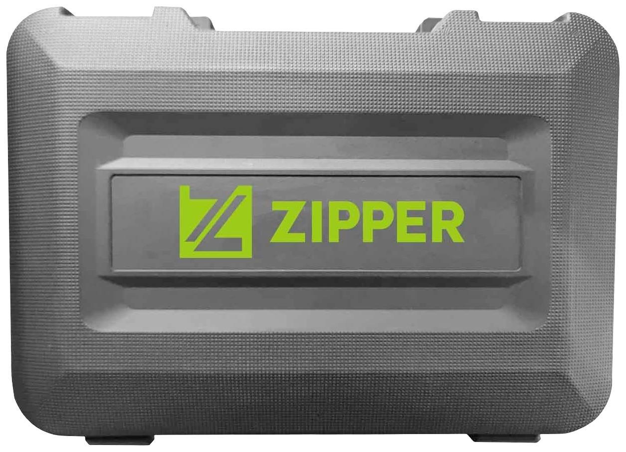 Valise grise avec logo vert et inscription 'ZIPPER' sur la face avant.