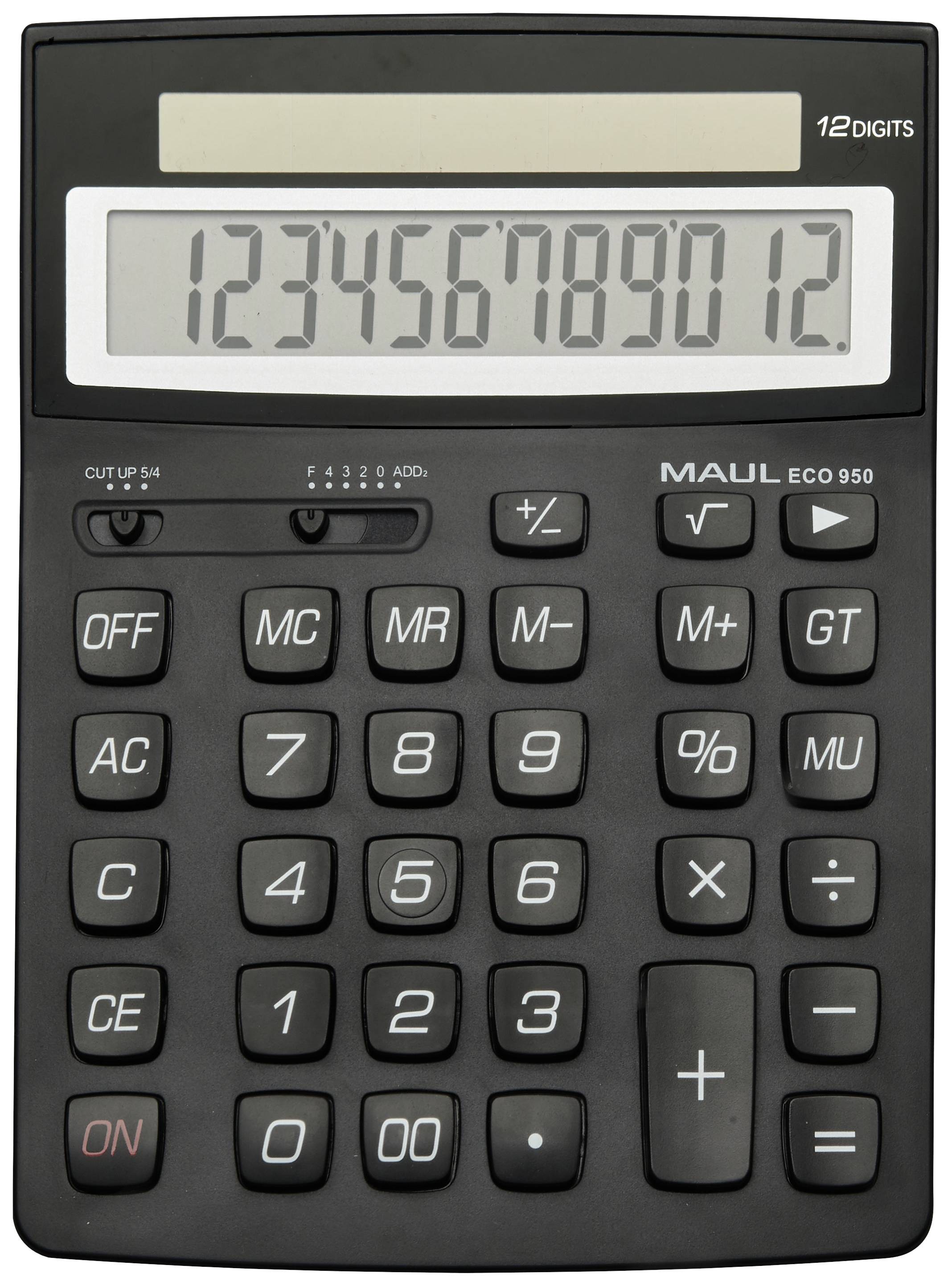 Calculatrice noire avec grand écran, affichant la séquence numérique 123456789012. Comprend des touches standard comme '+', '-', 'x', '/' ainsi que des touches de fonction 'MC', 'MR', 'GT', 'ON'.