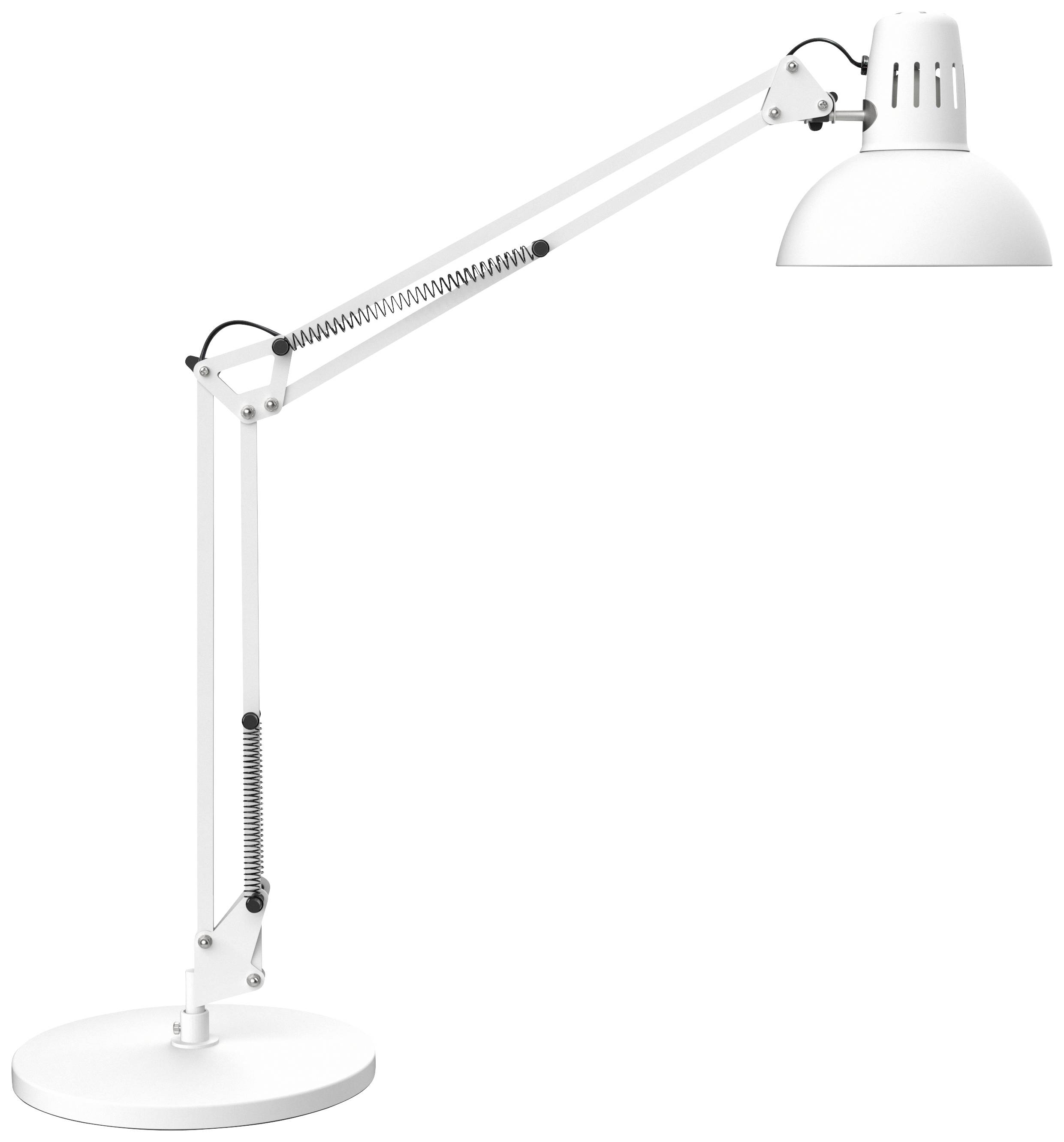 Lampe de bureau blanche, réglable, avec base ronde et bras articulés. Elle dispose d'un abat-jour hémisphérique et de ressorts en fil métallique.