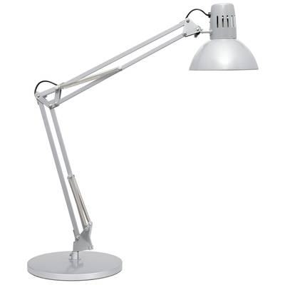 Une lampe de bureau argentée avec un bras articulé et un abat-jour rond, idéale pour un éclairage ciblé sur le lieu de travail.