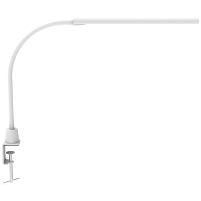 Une lampe de bureau LED blanche et incurvée, équipée d'une pince pour la fixation sur le bord d'une table. Design moderne et minimaliste.