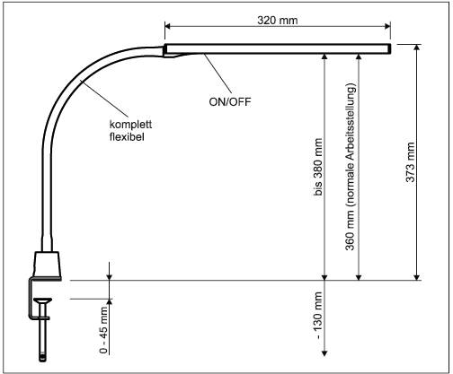 Vue latérale d'une lampe de table flexible. Hauteur jusqu'à 380 mm. Bras flexible. Avec interrupteur marche/arrêt. Fixation sur bord : 0-45 mm. Longueur de la lampe : 320 mm.