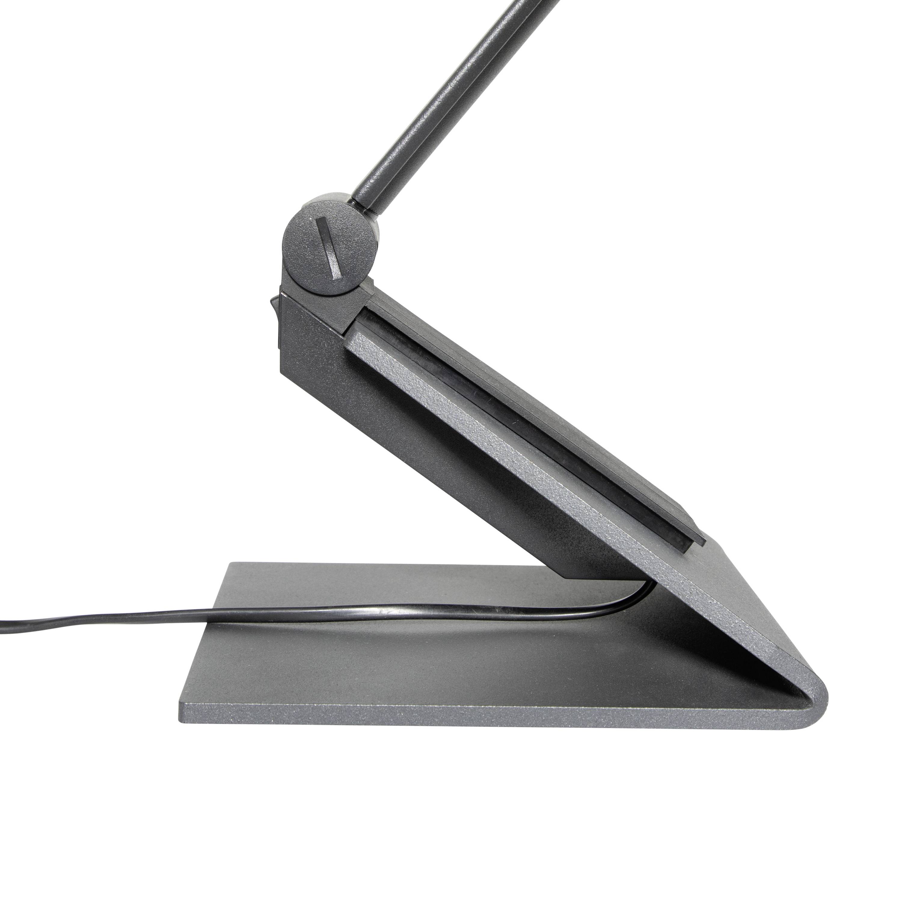 Lampe de bureau noire moderne avec socle rectangulaire, bras courbé et câble électrique.