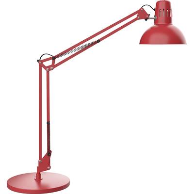 Lampe de bureau rouge avec bras ajustable et base circulaire, design simple, idéale pour éclairer un espace de travail.