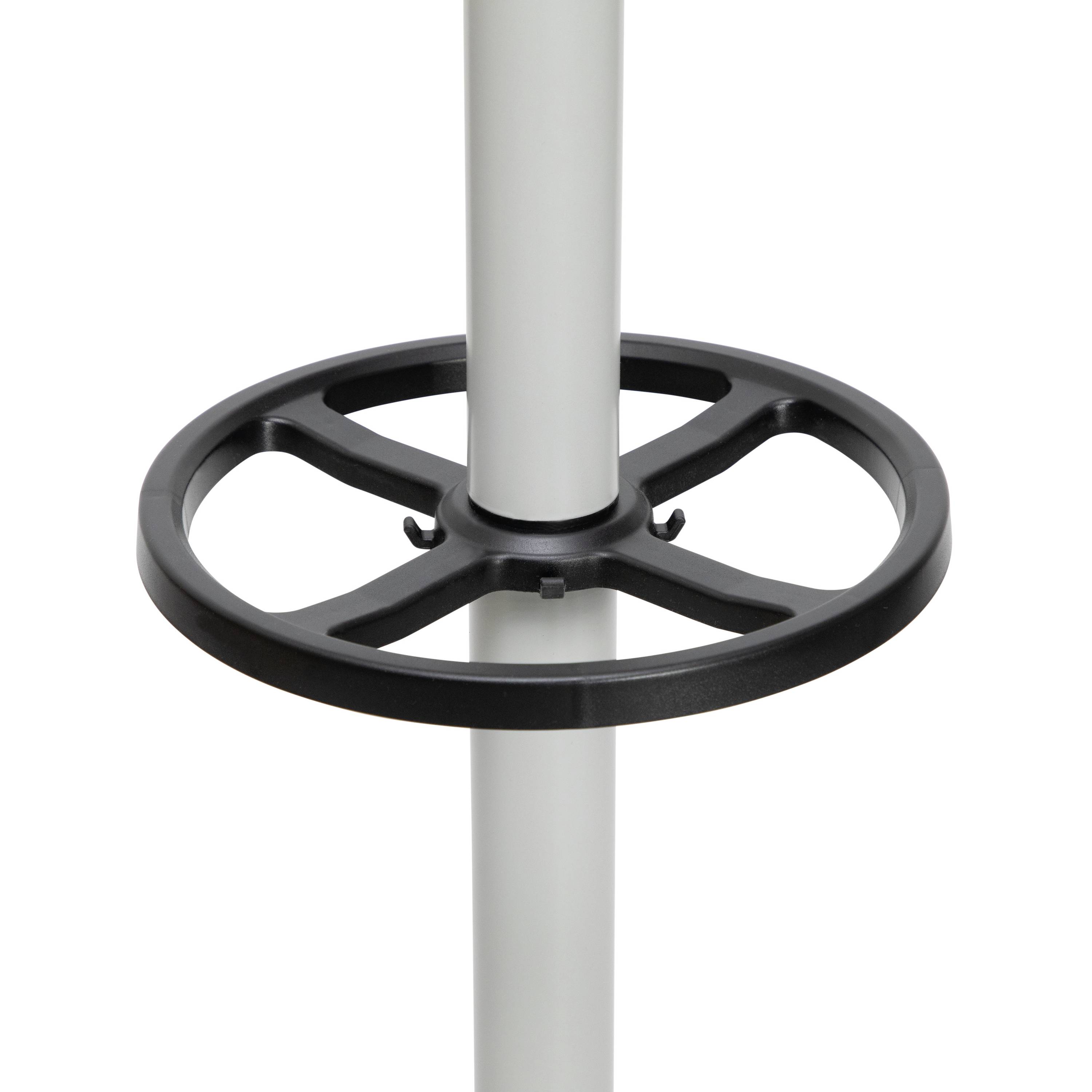 Un pied en tube argenté avec une poignée ou un anneau central noir et rond.