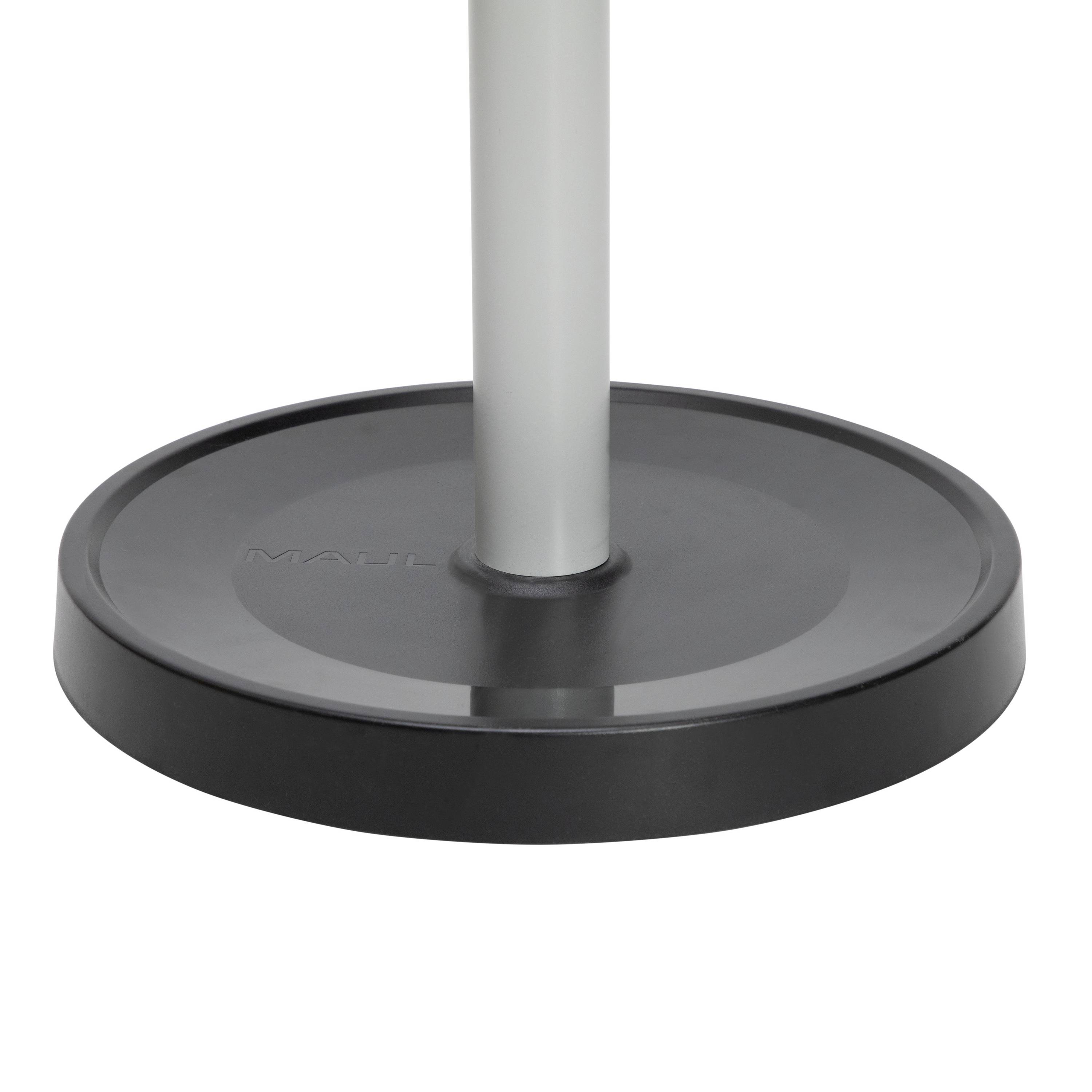 Pied de lampe rond en plastique gris avec une tige métallique centrale.