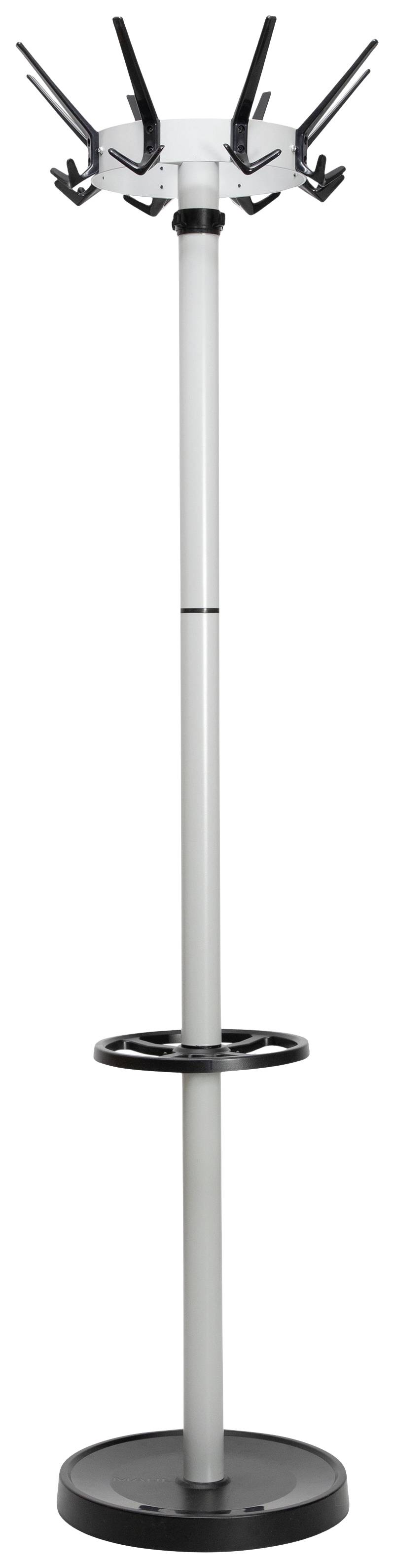 Porte-manteau argenté avec socle noir et anneau pour parapluies, plusieurs crochets pour vestes ou manteaux.