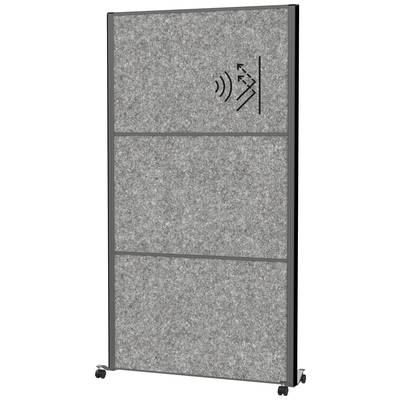 Cloison mobile grise avec matériau absorbant acoustique, roulettes latérales pour un positionnement facile, symboles des propriétés acoustiques en haut à droite.