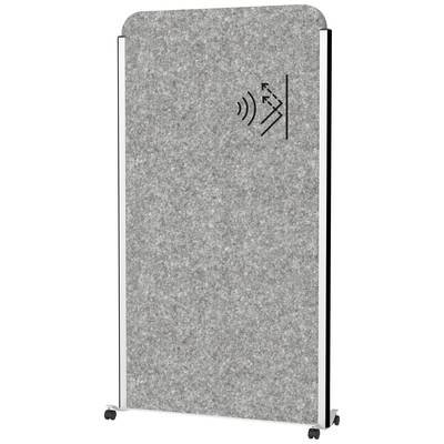 Cloison acoustique grise, rectangulaire, montée sur roulettes, avec un symbole d'ondes sonores noir en haut à droite.