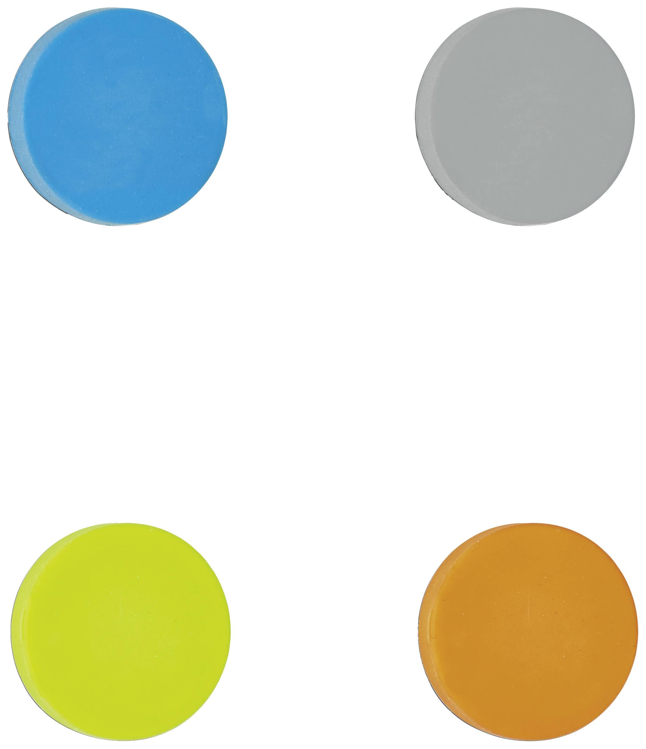 Quatre aimants colorés et ronds : un bleu, un gris, un jaune et un orange. Disposés en carré sur un fond blanc.