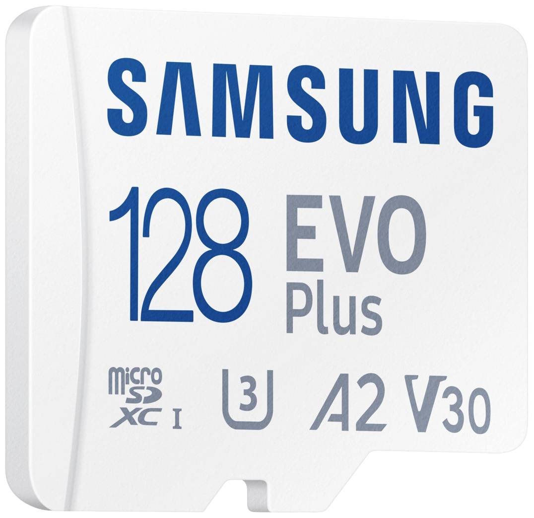 'Carte microSD SAMSUNG 128 EVO Plus, U3, A2, V30, 128 Go de capacité, adaptée aux enregistrements vidéo 4K et aux transferts de données rapides.'