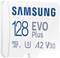 'Carte microSD SAMSUNG 128 EVO Plus, U3, A2, V30, 128 Go de capacité, adaptée aux enregistrements vidéo 4K et aux transferts de données rapides.'